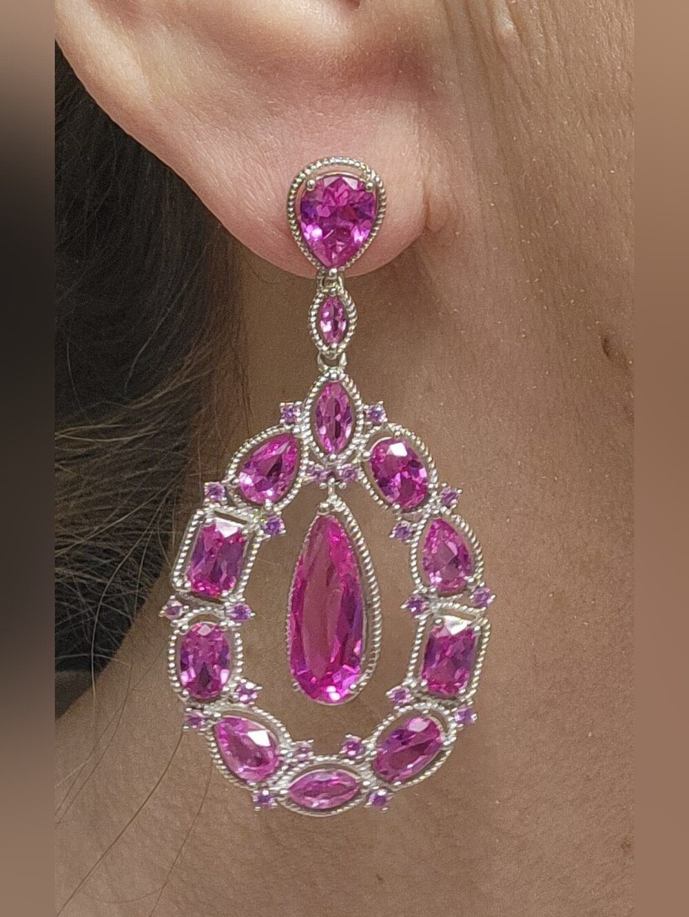New 15.49ctw Pink Sapphires Silver Dangle Earrings